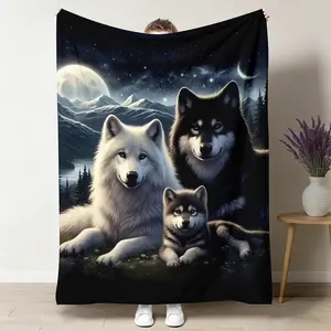 Soft Flannel Throw Blanket, Breathable Lightweight All-Season Warm Blanket with Contemporary Wolf Family & Mountain Night Sky Nature-Inspired Design, Anti-Pilling for Sofa Bed, Home Decor Gift Accessory, Breathable Lightweight Blanket, Flannel Blankets