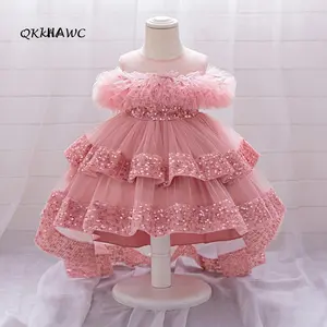 Kids Girls Tulle Ball Gown Shiny Sequins Round Neck High Low Party Dresses for Birthday Wedding Dress