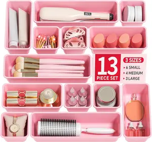 13 Pack Plastic Drawer Organizers Set, 3 Sizes Desk Drawer Organizer Trays for Vanity and Makeup Organizer, Organization and Storage for Makeup, Kitchen Utensils, Bathroom and Office(Pink) Canfanni