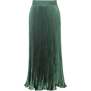 Women's Boho Satin Metallic Pleated Accordion Skirts Elastic High Waist Flowy A Line Shirring Maxi Long Skirt