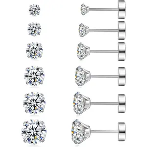 6 Pairs  Surgical Steel Threaded Ear Studs for Cartilage, Helix, Lobe | Cubic Zirconia Flat  Earrings for Women | Minimalist Everyday  Gifts