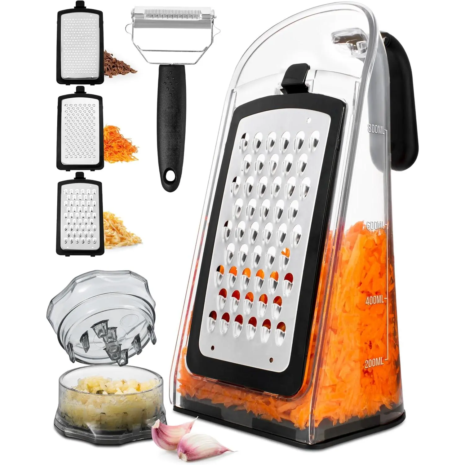 Cheese Grater with Garlic Crusher- Box Grater Vegetable Shredder with 3 Stainless Steel Blades - Graters for Kitchen- Cheese Graters with Handle - Garlic Mincer Tool and Vegetable Peeler