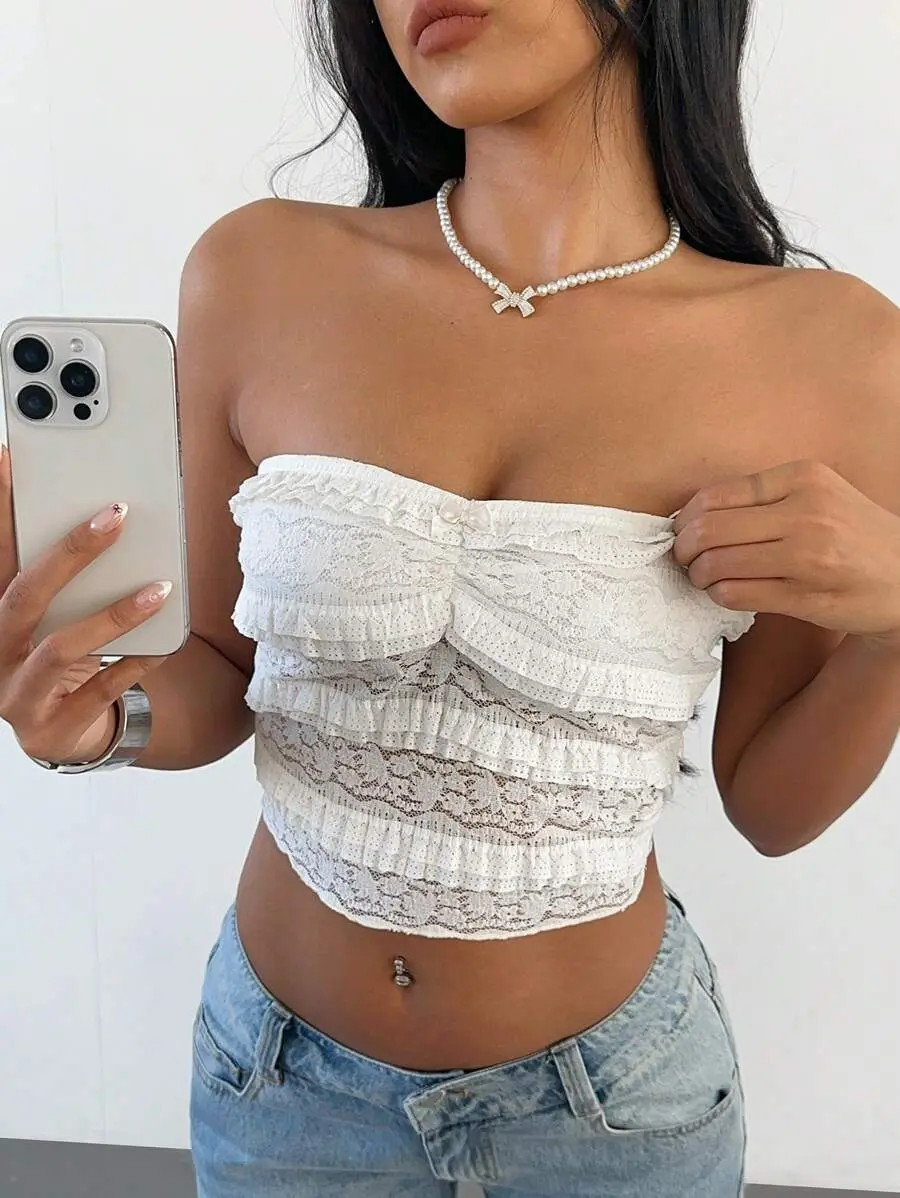 Women's Summer Strapless Tube Top Layered Lace Ruffle Trim Gathered Bust Bow Front Slim Fit Bandeau Coquette Romantic Sexy Going Out Party Tops