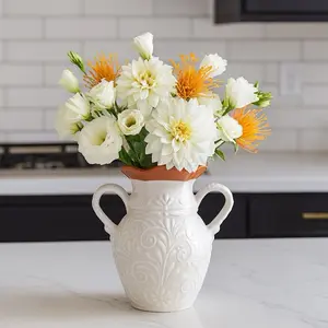 Handmade Talavera Flower vase with Wavy Rim | White & Brown rim