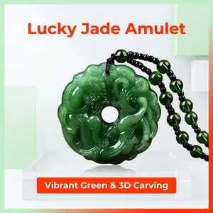 1.57 Inch Natural Green Stone Pixiu Ping An Kou Pendant, Long Wealth-Bringing Sweater Chain Necklace men's jewelry
