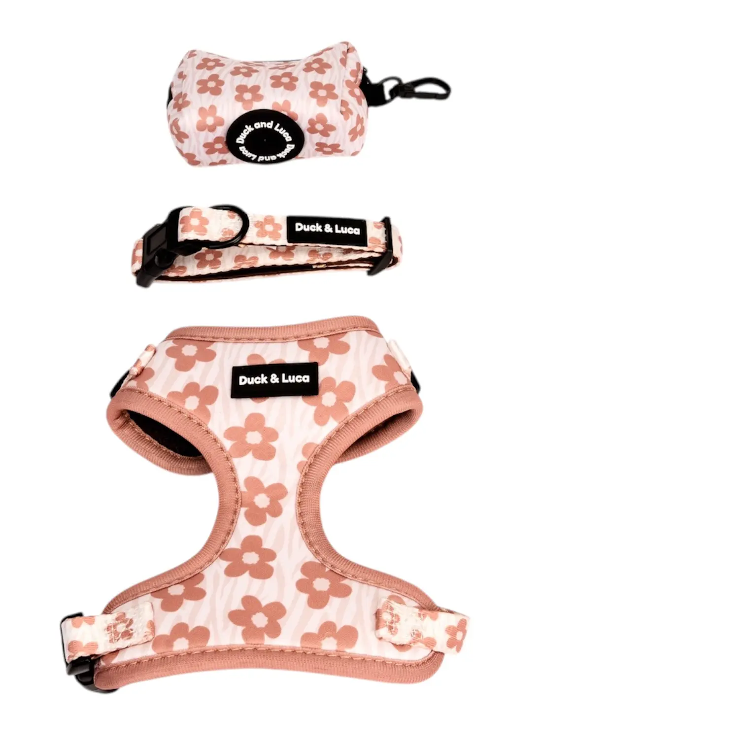 Duck & Luca 4-Piece Pet Bundle - Brown Flower Design for Dogs - Includes Harness, Leash, Collar, and Poop Bag