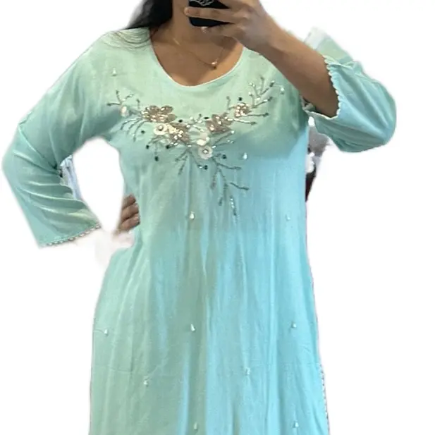 Women's 2-Piece Kurta Set, Elegant Mint Green Rayon Dress with Floral Embroidery, Long Sleeve Style, and Beaded Details, Lady, Fabric, Women's Clothes, Beading, Kurtha, Embroidered, Traditional, Pants, Matching, Feminine, Floral Emb., Full Length, Party