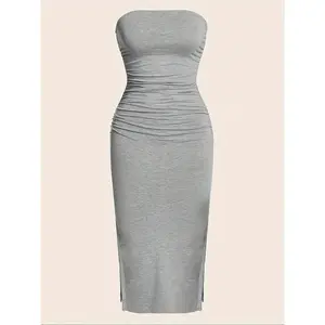 Women's Solid Ruched Elegant Slit Hem Bandeau Tube Dress, Summer Dresses, Fashion Casual Style Strapless Sleeveless Fit Bodycon Midi Dress, Ladies Summer Clothes for Holiday Dating Daily Wear, High Stretchy, Womenswear