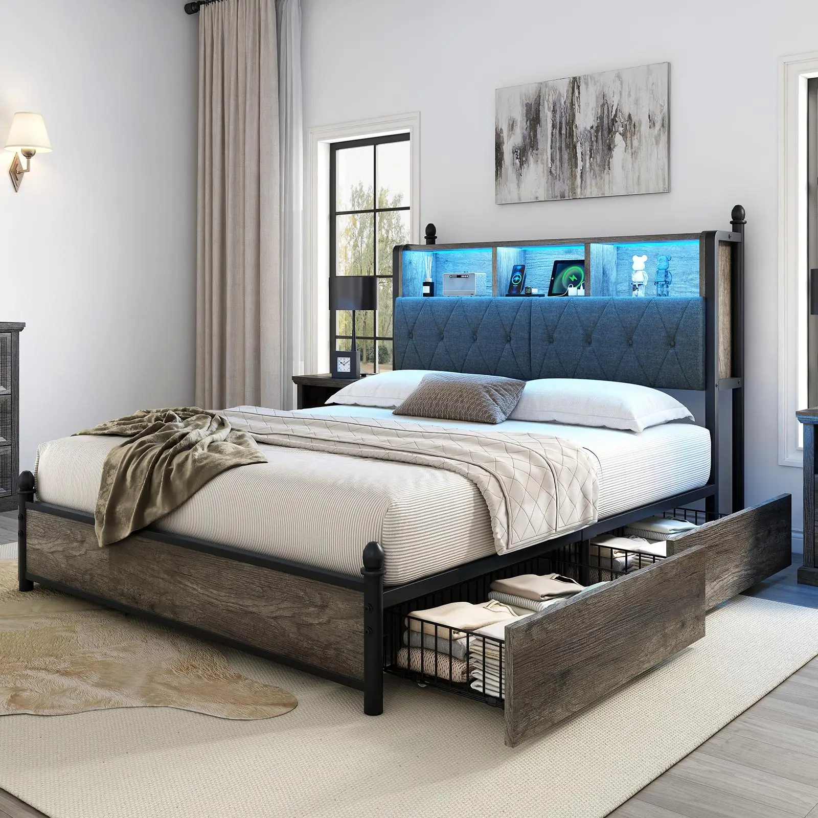 AMERLIFE Modern Bed Frame with Bookcase Headshelf and 4 Storage Drawers, Wooden Platform Bed with Charging Station and LED Light, No Box Spring Needed