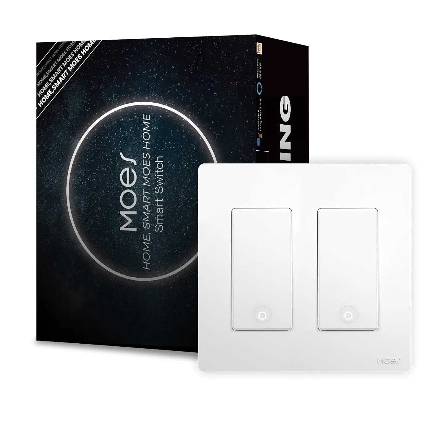 Fireproof 2-Gang White Star Smart Wi-Fi Wall Switch (2.4GHz, Neutral Wire Required, No Hub Needed, 100-245V Input) – Voice Control, 3-Way App Control, Remote On/Off, Customization, Effortless Setup, Works with Alexa & Google Home, Indoor Living Room Use,