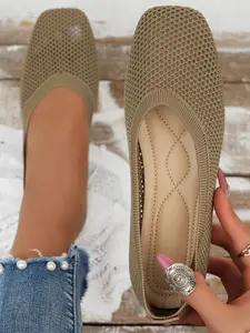 Square Toe Flat Shoes, Flyknit Hollow Out Slip-On Loafers, Minimalist Casual Style, Versatile Summer Women's Footwear, Walking Shoes, Lightweight Flats