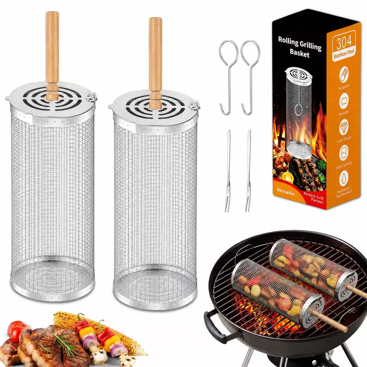 2PCS 304 Stainless Steel Rolling Grill Basket Set with Lid & Wooden Handle, Rotating Mesh Grill Tube for Vegetables, Shrimp, Reusable Outdoor Camping Barbecue Accessories Bbq Tools