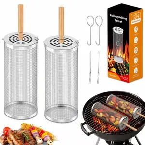 2PCS 304 Stainless Steel Rolling Grill Basket Set with Wooden Handle, BBQ Rotating Mesh Grill Tube for Vegetables, Shrimp, Fish & Meat, Reusable Outdoor Camping Barbecue Accessories outdoorfun
