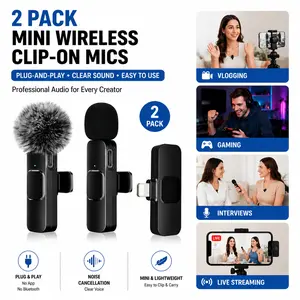 2 Pack Mini Wireless Clip-On Mics for iPhone, Intelligent Noise Cancellation, Plug-and-Play Pro Sound, Wireless Lavalier Microphone for Content Creators, Vlogging, Gaming, TikTok & Live Streaming