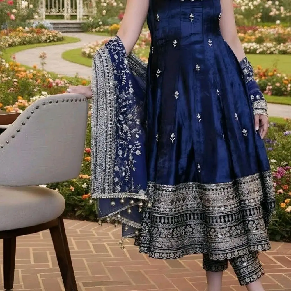 Women's Elegant Blue Embroidered Suit with Heavy Dupatta