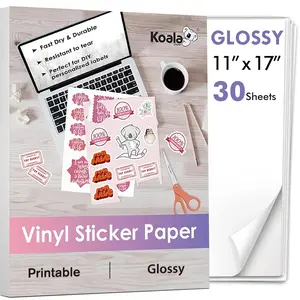 Koala Glossy Waterproof Vinyl Sticker Paper – 11x17" Full Sheets for Inkjet Printers, Great for Custom Decor & Crafts 10sheets