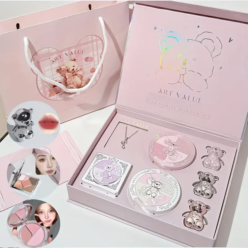 A Set of 7 Items Including a Pink Bear Makeup Kit, Three Lip Tints, a Blush Palette, an Eyeshadow Palette, a Powder Compact, And a Bear Necklace. Perfect for Occasions Like Qixi Festival, Valentine'S Day, Mother'S Day, Weddings, And Easter