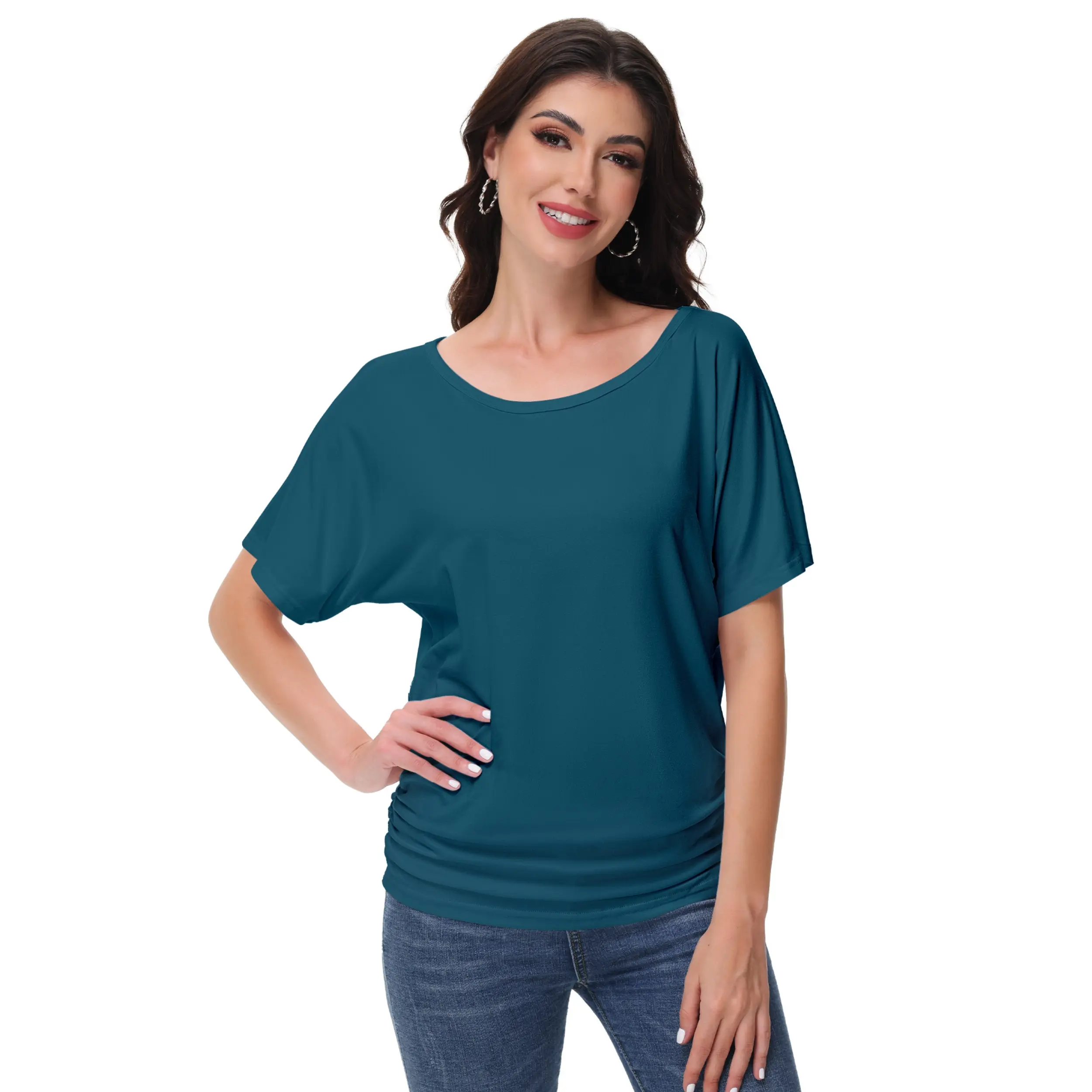Women's Boat Neck Dolman Top - Short Sleeve, Solid Color, Classic Design, Flare Style, Lightweight Fabric, Hand Washable Lady Comfort Clothes with Side Shirring Detail, Shortsleeve, Trapeze Fit, Dolman Sleeve, Boat-Neck Blouses & Shirts, Basic, Wardrobe S