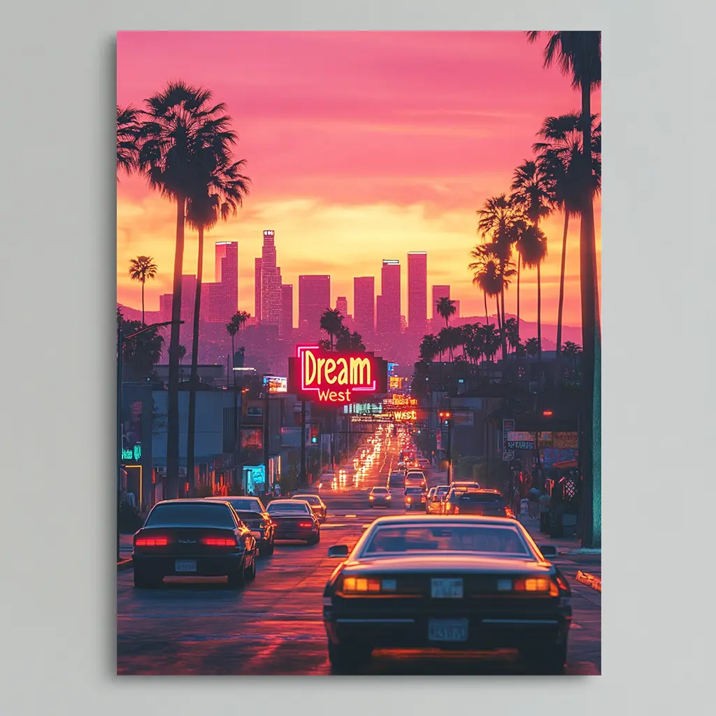 Los Angeles Sunset Cityscape Canvas Art Print 30.48x40.64 cm - Vibrant Retro Movie Poster with Vehicles, Frameless Minimalist Wall Decor for Living Room, Bedroom, Office & Cafe - Perfect Gift for Friends & Family, City Wall Art| Retro Wall Art| Frameless