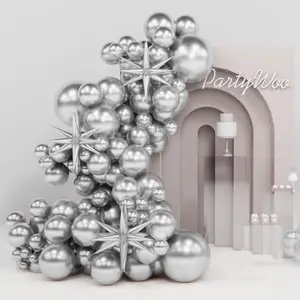 PartyWoo Metallic Silver Star Balloons 110pcs Different Sizes 18 12 10 5 Inch Pack 22 Inch Silver Spike Star Explosion Foil Mylar Balloon Arch Kit for Birthday Party Decorations Silver-G102