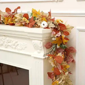 SINSOLEDAD Fall Decor - Maple Leaves Garland with Pumpkin Artificial Autumn Foliage Garlands Harvest Thanksgiving Decorations for Home Outdoor Indoor Mantle Wedding Porch