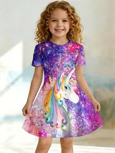 Girls Summer New Dreamy Unicorn Print Dress, Kids Colorful Starry Sky A-Line Dress