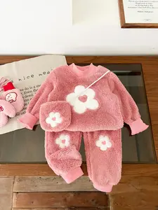 Baby Girl Fleece Knit Set, Heart Embroidery Long Sleeve Top + Matching Bag + Pants, Cute Fall & Winter