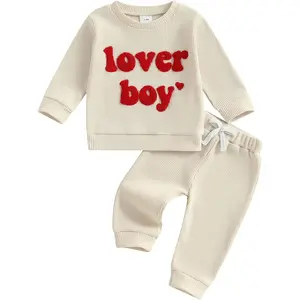 Toddler Baby Boy Valentines Outfit Lover Boy Embroidery Long Sleeve Waffle Knit Sweatshirt and Pants Set