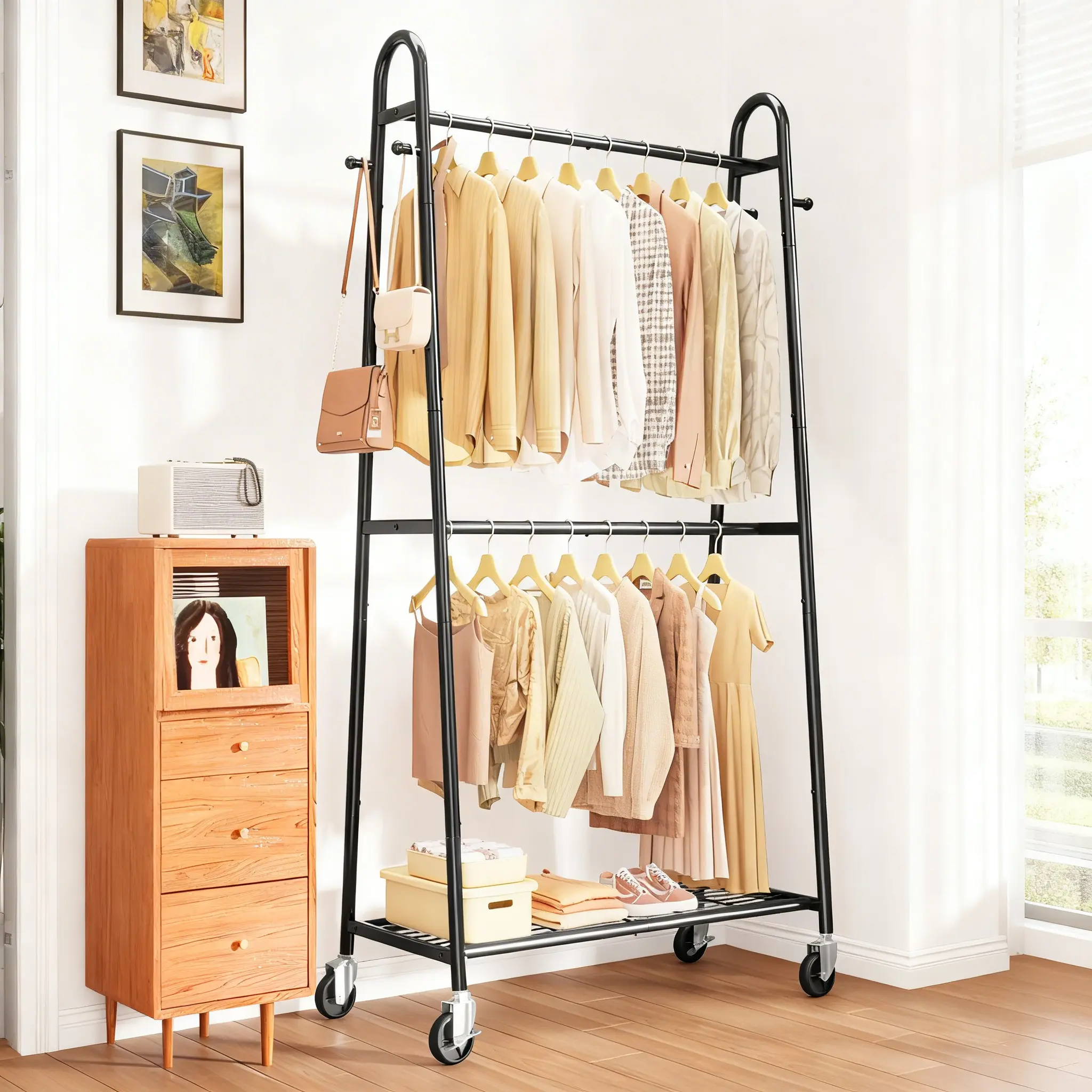 Double Rod Clothes Rack, Freestanding Garment Rack with 2 Hanging Bars, Metal Clothing Organizer, Black