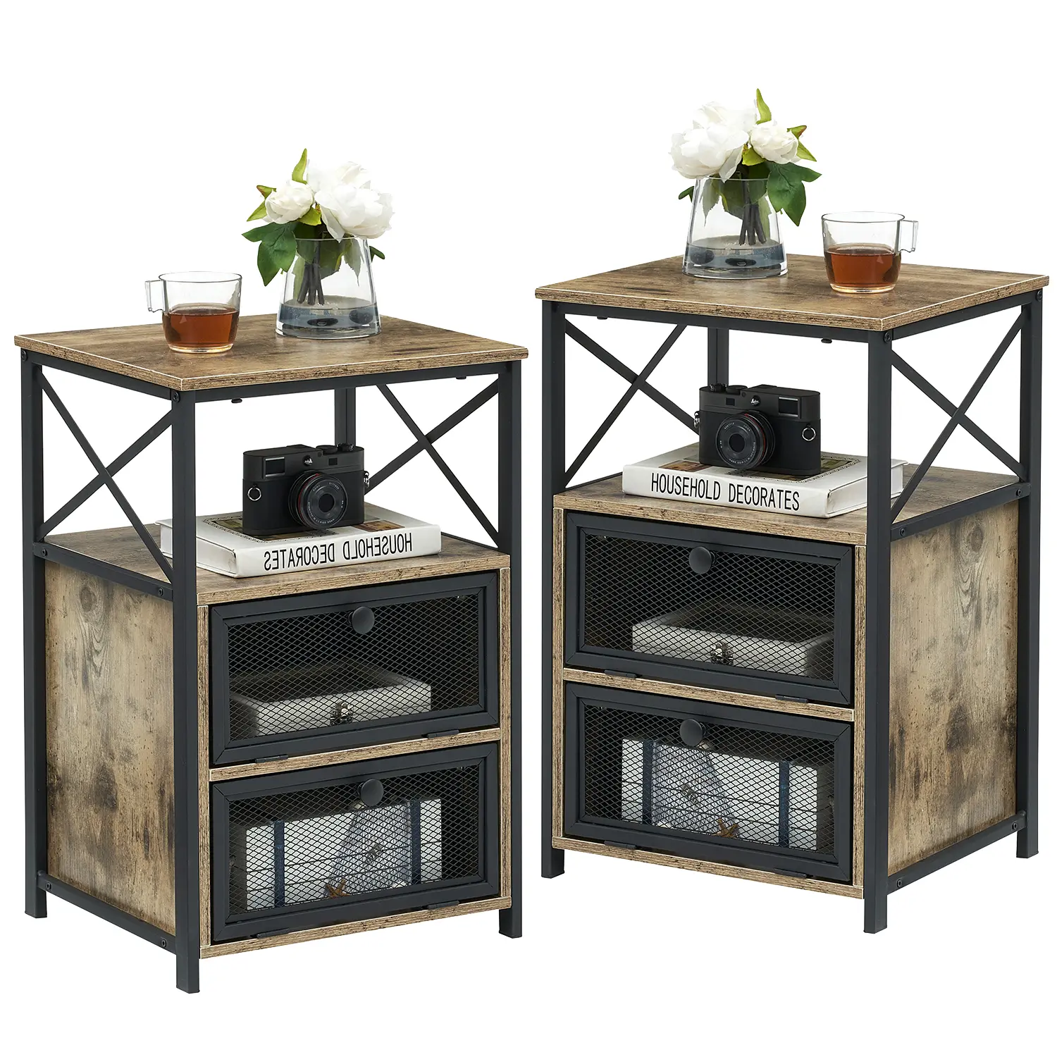 VECELO Set of 2 Nightstand End Table Large with 2 Flip Drawers Bedside Table with Storage Small Side Table 2 Tiers Storage Shelves Night Stand for Living Room Bedroom,Small Spaces smart nightstand