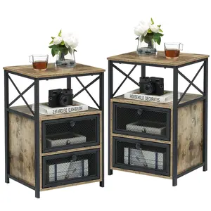 VECELO Set of 2 Nightstand End Table Large with 2 Flip Drawers Bedside Table with Storage Small Side Table 2 Tiers Storage Shelves Night Stand for Living Room Bedroom,Small Spaces smart nightstand