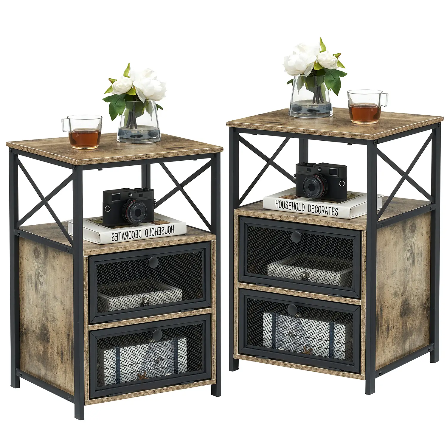 VECELO Set of 2 Nightstand End Table Large with 2 Flip Drawers Bedside Table with Storage Small Side Table 2 Tiers Storage Shelves Night Stand for Liv