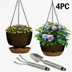 Set of Two 9.5-Inch Hanging Pots Designed for Indoor Plants, Featuring Self-Watering Capabilities, Removable Saucers, And Drainage Holes, Suitable for Outdoor Use As Well. Color: Black outdoorfun