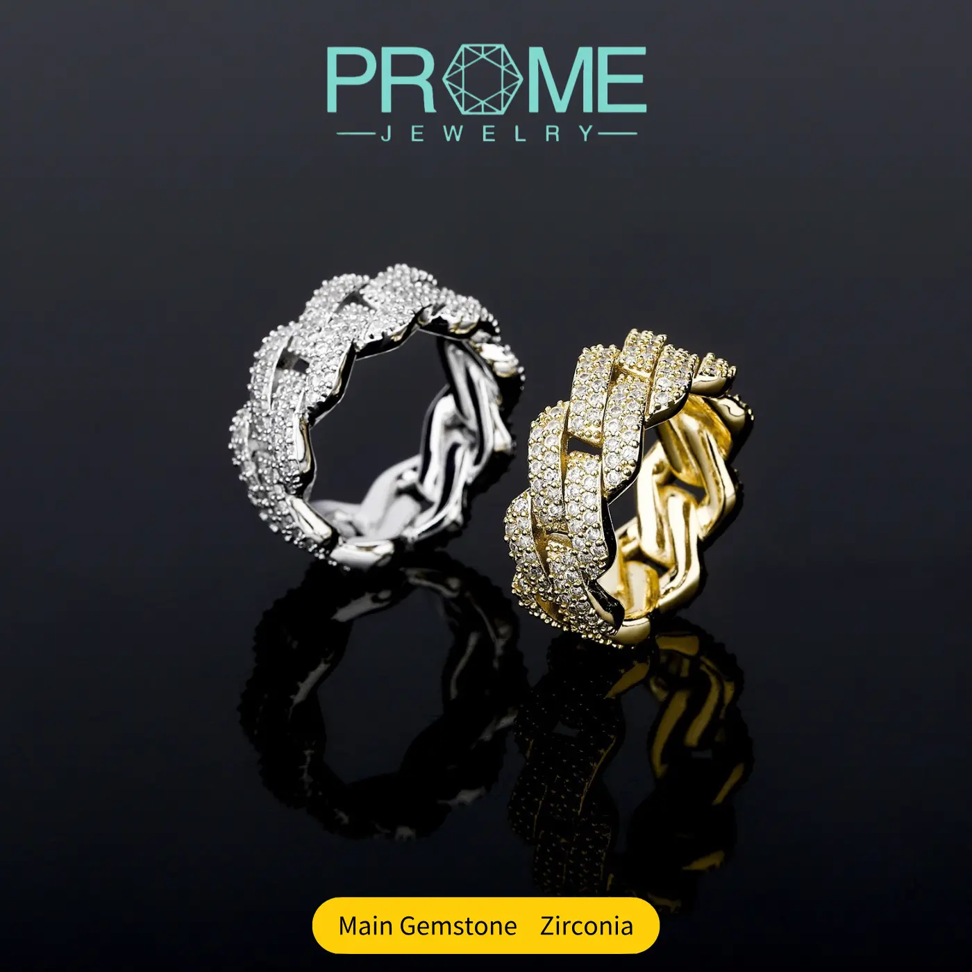 Prome Jewelry CR014 Cuban Full Pavé Diamond-Shaped Rings 5A Zircon Hip-Hop Glam Bold & Stylish Unisex Daily Statement Ring Hypoallergenic Everyday Style - Unique Structure