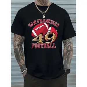 San Francisco 49 Football T-Shirt - Stylish Black Tee with Bold Red Football Design and Gold '49' Number - Perfect for Game Day and Casual Outings