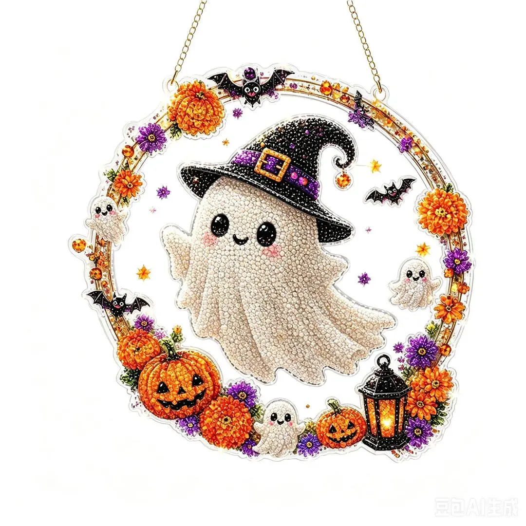 9.84 inches Halloween Diamond Painting Hanging Ornament Kit, Black Cat Moon, Skull & Pumpkin Acrylic Diamond Art Suncatcher, DIY Rhinestone Craft for Adults & Kids, Spooky Window Wall Decor Gift