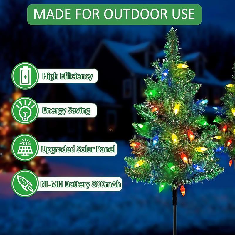 Product Introduction of 1 Tow 4 Solar Christmas Tree Lights. Includes 80 colorful strawberry bulbs, IPX4 waterproof, suitable for outdoor patio garden decorations for festivals, driveways and Christmas parties! 5