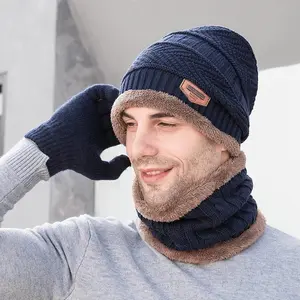 Soft Plush Lined Beanie Scarf Gloves Set 3 Pieces Winter Warm Accessories Trio Thermal Hat Ear Warmer Touchscreen Gloves for Men Women Outdoor Ribbed Stretch Cozy Cold Weather