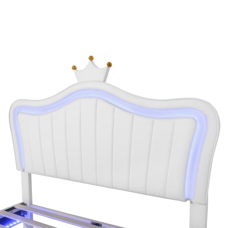 【Bellemave】Twin Size Upholstered Bed Frame with LED Lights,Modern Upholstered Princess Bed With Crown Headboard,White