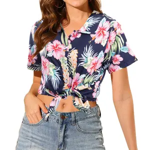 DUTUT Hawaiian Style Floral Tshirts For Women Summer Soft Cool Tropic Print V Neck T-Shirt Short Sleeve Button Underwear Bohemian Boho Shortsleeve