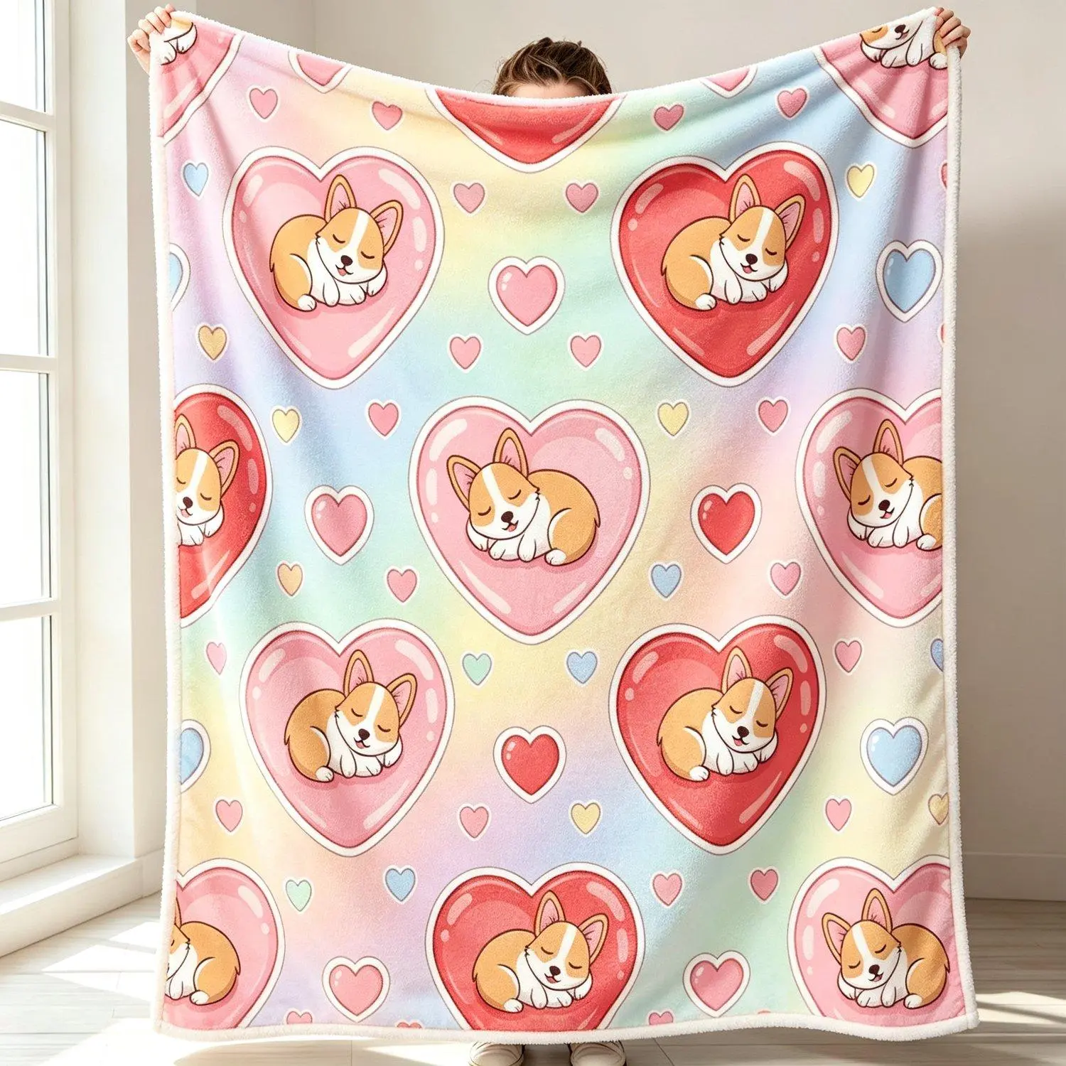 Cute Sleeping Corgi Rainbow Heart Print Soft Warm Flannel Fleece Throw Blanket Kawaii Pastel Dog Lover Sofa Bed Bedroom Gift Puppy Fans