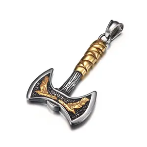 GTHIC Stainless Steel Viking Axe Pendant Necklaces For Men Women Nordic Ravens Jewelry for Father's Day Gift Daily Wear