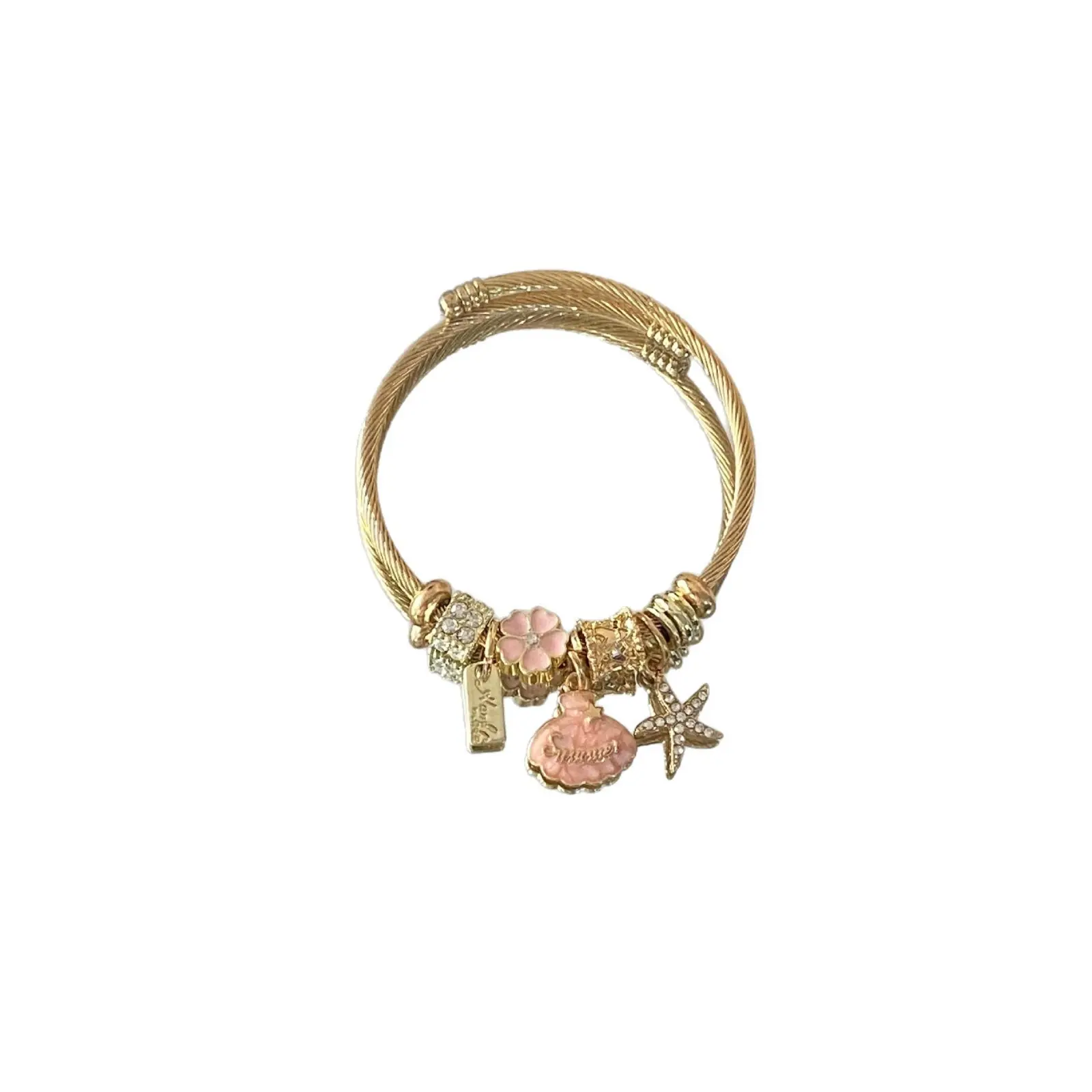 Gold Pink Flower Charm Bracelet for Women, Star & Pendant Adjustable Bangle, Sparkling Vintage Fashion Jewellery Gift for Her