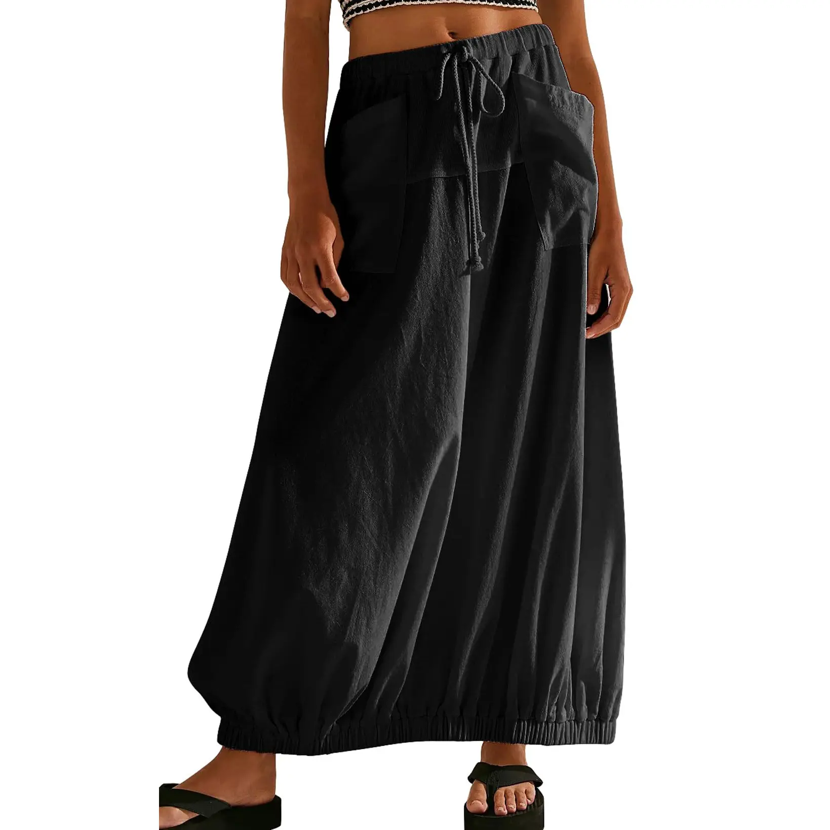 CHOUYATOU Women's Minimalist Cotton Parachute Maxi Skirt, Loose Fit with Drawstring Waist, Pockets and Elastic Barrel Hem, Women's Clothes