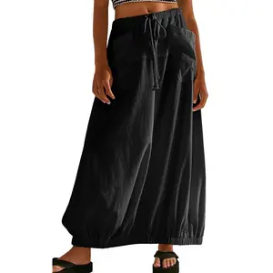 Chouyatou Women's Loose Cotton Work Skirt Comfortable Casual Drawstring Skirt with Pockets Elastic Cord Hem