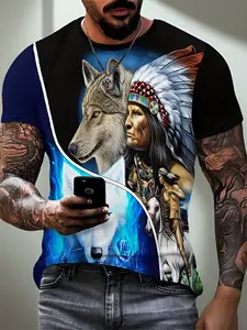 Trendy European and American Men's Indian Tribe Wolf 3D Printed Short-sleeve Wolf T-shirt for Outdoor Sports, Fitness, Running, Vintage Y2K Style, Round-neck Shirt, Fashionable, Versatile, and Breathable