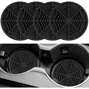 4PCS Spider Web Car Coasters For Cup Holders, Halloween Funny Non-Slip Silicone Insert Ornaments Coasters, Automotive Cupholder Goth Accessories For Men & Women(Black)