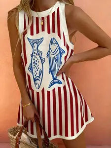 SwimRush Starfish Boho Style Summer Beach Casual Comfortable Vintage Colorblock Striped Fish Scale Print Sleeveless Dress, Brunch Outfit For Women