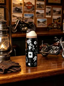 Owala 32oz stainless steel vacuum flask, water bottle, featuring playing cards and rose patterns, portable straw bottle, reusable, suitable for beverage straw cups, flat-bottom cups, and bottle mugs bookish outdoorfun freesip Tumbler