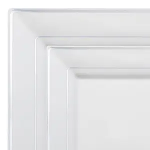 White with Silver Square Edge Rim Plastic Dinnerware Value Set